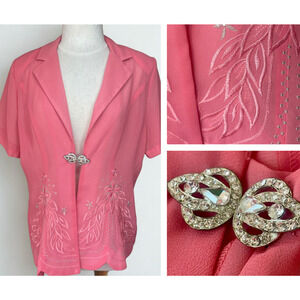 VTG Clara Sheer Embroidered Blouse Jacket Top w/ Rhinestone Clasp Old Money USA